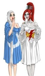 2girls aeldari alien alien_girl big_shirt dark_eldar drukhari eldar elf_ears flick lelith_hesperax warhammer_(franchise) warhammer_40k yvraine