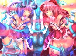 2girls ahe_gao aomidori blue_legwear blue_thighhighs blush breasts captured clothing cum cum_in_mouth cum_inside defeated female female_on_feral feral feral_on_female feral_on_humanoid feral_penetrating fucked_silly humanoid humanoid_on_feral humanoid_penetrated interspecies large_breasts long_hair monster multiple_girls nipples open_mouth penetration pussy rape red_legwear red_thighhighs restrained slime slime_monster spread_legs tentacle thighhighs vaginal_penetration zoophilia