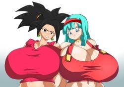 2girls big_breasts black_eyes black_hair blue_eyes blue_hair bra_(dragon_ball) breasts clothed clothing dragon_ball dragon_ball_gt dragon_ball_super female huge_breasts kefla nyre potara_earrings