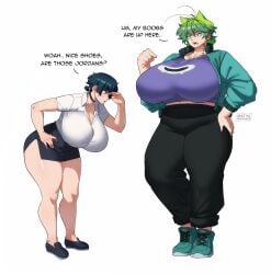 2girls borrowed_character breasts_bigger_than_head curvy english_text giantess gigantic_breasts green_hair huge_breasts mai_(mai_munah) mai_munah massive_breasts original original_character pants plump rochi rochi(rrrroch1) rrrroch1 shoes short_hair tall tall_female tall_girl taller_female taller_girl thick_eyebrows tight_clothes tight_clothing tight_fit tight_shirt white_shirt