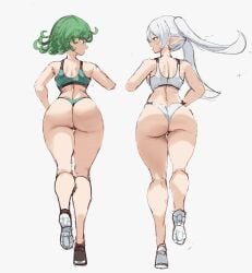 2girls animated ass elf elf_ears frieren from_behind gif green_eyes green_hair large_ass looking_at_another one-punch_man panties rakeemspoon running short_hair simple_background sneakers sousou_no_frieren sports_bra tagme tatsumaki twintails white_hair