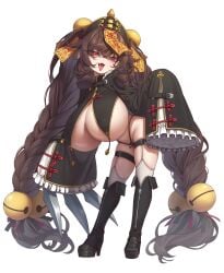 1girls absurdly_long_hair absurdres bell black_boots black_panties boots braid breasts brown_hair commentary_request elomil full_body hair_bell hair_ornament high_heel_boots high_heels highres huge_breasts jiangshi jingle_bell leaning_forward long_hair looking_at_viewer oerba_yun_fang ofuda original panties red_eyes revealing_clothes shortstack simple_background sleeves_past_fingers sleeves_past_wrists smile solo standing thigh_strap thighhighs tongue tongue_out underwear very_long_hair white_background white_thighhighs