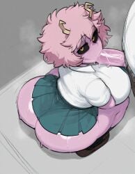 1boy 1boy1girl 1girls ai_generated ass black_sclera boku_no_hero_academia breasts fellatio from_above goonedoutp3rv horns huge_ass huge_breasts krekk0v_(ai_style) loafers looking_at_viewer mina_ashido miniskirt pink_hair pink_skin school_uniform shirt short_hair socks squatting thick_thighs thighs white_shirt yellow_eyes