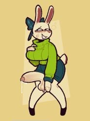 bunbun_npc_(undertale) bunny_ears bunny_futa bunny_lady bunny_tail cinnamon_(undertale) commission cum embarrassed embarrassed_clothed_futa embarrassed_expression futa_only futanari gigantic_penis green_sweater heart_shaped_nose knees_buckled knees_together_feet_apart leaning_forward nervous nervous_expression nervous_smile nervous_sweat penis penis_under_skirt precum simple_background undertale undertale_(series) xenopavilia yellow_background