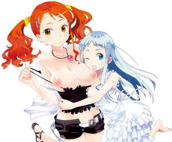 anohana:_the_flower_we_saw_that_day bare_shoulders barefoot belt blue_eyes blue_hair breasts brown_eyes brown_hair clothing dress female female_only frilled_dress frills hair_ornament hairclip hug human jewelry long_hair maisa meiko_honma multiple_females multiple_girls naruko_anjou navel necklace nipples open_mouth orange_eyes orange_hair ribbon shorts shoujo_ai silver_hair simple_background sleeveless sleeves_rolled_up smile strap_pull tied_hair twintails undressing white_background wince wink young yuri