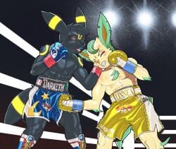 absurd_res anthro anthro_on_anthro biped boxing_gloves boxing_shorts clothing cock_and_ball_torture darketh_(vincentthefox) dcheese duo eeveelution fighting_ring generation_2_pokemon generation_4_pokemon genital_torture handwear hi_res interspecies leafeon linnea_(rellowcantdraw) male male/male nintendo pokemon pokemon_(species) punch tail umbreon