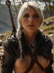 ai_generated braid breasts ciri collar female light-skinned_female looking_at_viewer mascara nipples qintin scar solo sword the_witcher_(series) the_witcher_4 white_hair