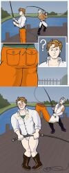 2boys blush boucheron_(fire_emblem) briefs bunet_(fire_emblem) fire_emblem fire_emblem_engage fish_hook fishing fishing_hook fishing_rod human human_only leg_hair male_only outdoors pants_removed question_mark surprised sweatdrop tvfish-art