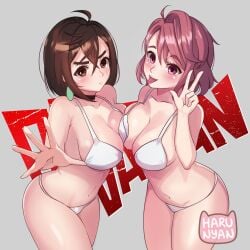 2girls ayase_momo blush brown_eyes brown_hair choker dandadan earrings female female_only haru_nyanx3 light-skinned_female light_skin peace_sign pink_eyes pink_hair shiratori_aira_(dandadan) short_hair symmetrical_docking tongue_out underwear white_underwear