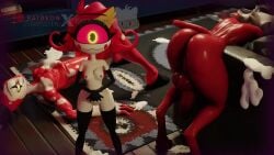 2boys aransfw_alt blitzo_(helluva_boss) cowgirl_position cum_inside demon demon_girl female hazbin_hotel helluva_boss imp loona_(helluva_boss) moxxie_(helluva_boss) niffty oral reverse_cowgirl_position sex size_difference smaller_female tagme vaginal_penetration video