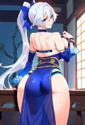 1girls ai_generated ass big_breasts breasts fate/grand_order fate_(series) female female_focus female_only huge_breasts large_breasts long_hair looking_at_viewer mature_female milf ponytail red_eyes smiling smiling_at_viewer tomoe_gozen_(fate) white_hair