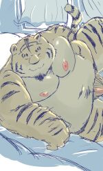 2024 3:5 anthro bed bedroom belly big_belly closed_eyes dain_4201 felid furniture hi_res inside kemono male mammal moobs nipples overweight overweight_male pantherine solo tiger