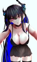 1girls armpits bare_shoulders black_dress black_hair breasts broken_horn cleavage dress female female_only hololive hololive_english hololive_english_-advent- horns huge_breasts light-skinned_female light_skin nerissa_ravencroft pink_eyes simple_background soju_ice solo virtual_youtuber white_background