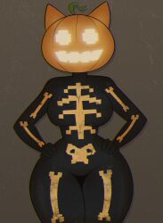 8-bit cute_face feline fortnite fortnite:_battle_royale gold halloween halloween_theme hands_on_hips jack-o'-lantern latex pixel pumpkin pumpkin_cat_(fortnite) sassy skeleton_costume tail thick_thighs wide_hips