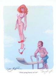 1female 1male bikini_off boobs breasts clothes_falling_off completely_nude dean_yeagle diving_board embarrassed enf feet full_body landing_strip looking_down_at_self naked naked_woman navel nipples nude pubic_hair pussy red_hair suddenly_naked wardrobe_malfunction