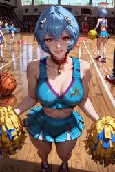 ai_generated blue_hair cheerleader cheerleader_uniform naughtygirlsai neon_genesis_evangelion red_eyes rei_ayanami short_hair skinny skirt small_breasts