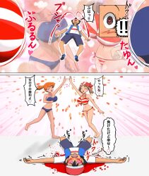 2girls ;) alternate_breast_size asymmetrical_hair bandana bikini blue_eyes blush breasts brown_hair cleavage creatures_(company) female_focus game_freak heart highres huge_breasts kasumi_(pokemon) large_breasts looking_at_viewer may_(pokemon) multiple_girls navel nintendo one_eye_closed orange_hair pokemon pokemon_(anime) pokemon_rgby pokemon_rse ponytail satoshi_(pokemon) satoshi_(pokemon) short_hair side_ponytail smile striped_bikini striped_clothes swimsuit thick_thighs thighs