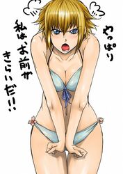 bikini blonde_hair blush breasts cholesenel chrome_shelled_regios cleavage nina_antalk short_hair swimsuit translated translation_request