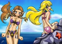 beach bent_wrist bikini blonde_hair long_hair mario_(series) mauroz nintendo princess_peach princess_zelda rocks shy the_legend_of_zelda the_legend_of_zelda:_twilight_princess zelda_(twilight_princess)