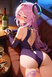 1girls ai_generated ass blue_eyes citlali_(genshin_impact) couch dat_ass female genshin_impact leotard looking_at_viewer lying pink_hair seductive seductive_look wine wine_bottle