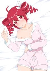 1girls 2d 2d_(artwork) artist_request ass_visible_through_thighs bare_shoulders bed big_breasts blush breasts cameltoe clothing female female_only hair_ornament hairbow kasane_teto kasane_teto_(sv) large_breasts laying_on_bed nail_polish open_mouth painted_nails pink_clothing red_eyes red_hair shirt_pull shorts solo solo_female synthesizer_v thick_thighs thigh_gap thighs twin_drills utau