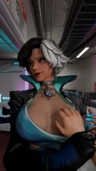 3d black_hair breast_grab breasts_out grandmastersurgeon luna_snow luna_snow_(marvel_rivals) marvel marvel_rivals two_tone_hair white_hair