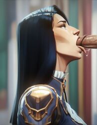 1boy 1girls accurate_art_style ai_generated arcane arcane_caitlyn blowjob blue_eyes blue_hair caitlyn_kiramman choker dubious_consent eye_contact fellatio female forced_oral huge_cock irrumatio league_of_legends light-skinned_female light-skinned_male light_skin male male/female oral paralap rape riot_games side_view straight