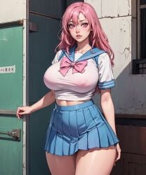 ai_generated covered_nipples godexiamage inui_shinju large_breasts long_hair nipples nipples_visible_through_clothing no_bra pink_hair school_uniform sono_bisque_doll_wa_koi_wo_suru tight_clothing tight_shirt