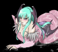 bhm_(artist) blue_eyes blush clothing cum darkstalkers female green_hair medium_breasts morrigan_aensland restrained vore