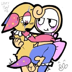 balloon cici_(milky_goober) clown_girl clown_makeup crying_with_eyes_open dandy's_world dot glisten_(dandy's_world) heart-shaped_pupils help_me_with_tag_please inflatable lazy_post lifting_partner milky_goober oc party_hat tails