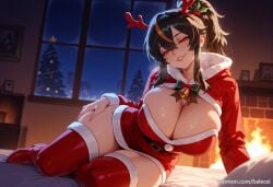 ai_generated balecxi black_hair cleavage dress female fireplace fur_trim indoors large_breasts looking_at_viewer parted_lips ponytail red_thighhighs santa_costume smile solo streaked_hair thigh_boots thighs window zenless_zone_zero zhu_yuan