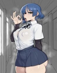 1girls ai_generated ass bangs blue_hair bocchi_the_rock! breasts button_gap covered_nipples ear_piercing fellatio_gesture goonedoutp3rv hallway huge_ass krekk0v_(ai_style) looking_at_viewer medium_breasts miniskirt motion_lines open_mouth piercing school_uniform shirt short_hair solo steam thick_thighs thighs tongue_out white_shirt yamada_ryou yellow_eyes