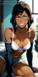 1girls _yumidreams ai_generated athletic athletic_female avatar_legends bed bedroom blue_eyes bra brown_hair cleavage dark-skinned_female dark_skin denim_shorts elbow_gloves female_focus hair_tubes highres korra looking_at_viewer medium_breasts neckline nickelodeon patreon_username shiny_skin short_hair sitting smile teeth the_avatar the_legend_of_korra thick_thighs water_tribe white_bra