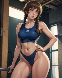 1girls 4:5 ai_generated amane_suzuha bare_arms bare_midriff bare_thighs braided_hair brown_hair feet_out_of_frame female female_only fluffy_hair godexiamage hand_on_own_hip indoors large_breasts midriff navel panties solo source_request sports_bra standing steins;gate thighs tomboy twin_braids twintails workout_clothes yellow_eyes