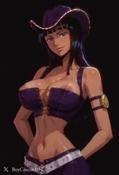 1girls ai_generated big_breasts black_hair blue_eyes boycroco619 cowboy_hat female female_only nico_robin nipple_slip nipples one_piece tan_body