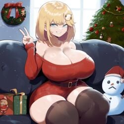 ai_generated ameanon belt big_breasts blonde_hair blue_eyes breasts cleavage hololive hololive_english hololive_myth huge_breasts large_breasts skindentation sweater thick_thighs thighhighs virtual_youtuber vtuber waist_belt watson_amelia