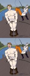 2boys blush blush boner boucheron_(fire_emblem) briefs bunet_(fire_emblem) embarrassed embarrassed_nude_male fire_emblem fire_emblem_engage fish_hook fishing fishing_hook fishing_rod flaccid grinning human human_only leg_hair male_only muscular_male nude_male_clothed_male outdoors pants_removed pubic_hair shoes_only surprised sweatdrop tvfish-art