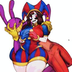 big_breasts breasts eyes eyes_open female jax_(the_amazing_digital_circus) jester jester_cap jester_costume jester_girl jester_hat jester_outfit lagomorph lagomorph_humanoid open_mouth pomni pomni_(the_amazing_digital_circus) purple_skin smile the_amazing_digital_circus tits