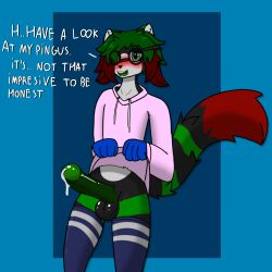 ambiguous_gender anthro blush bodily_fluids chromer_exe clothing domestic_cat eyewear felid feline felis genital_fluids genitals glasses hi_res hoodie humanoid_genitalia humanoid_penis legwear mammal penis precum solo thigh_highs topwear