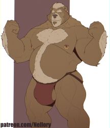 anthro balls bear belly big_balls big_belly big_bulge body_hair brown_bear bulge chest_hair clothed clothing genitals hair hi_res jockstrap jockstrap_only male mammal mr_nellory muscular_arms muscular_legs nipple_piercing nipples overweight overweight_anthro overweight_male piercing pose solo topless underwear underwear_only ursine