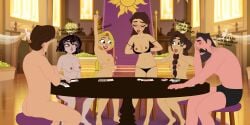 2boys 4girls black_hair blonde_hair braid brown_hair cassandra_(tangled) disney disney_channel disney_princess eugene_fitzherbert female king_frederic mehefin013 multiple_girls nude queen_arianna rapunzel self_upload strip_poker tangled tangled:_the_series undressing willow_(tangled)