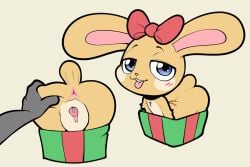 anthro anus ass biped blue_eyes blush duo female fur genitals hi_res itsunknownanon lagomorph leporid mammal pussy rabbit size_difference triangular_anus yellow_body yellow_fur