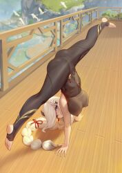 1girls female female_only genshin_impact handstand niliu_chahui shenhe_(genshin_impact) solo splits upside-down upside-down_splits