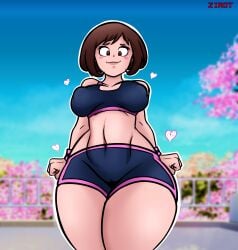 1girls belly big_breasts boku_no_hero_academia brown_eyes brown_hair curvaceous curvy female female_focus female_only gym gym_clothes huge_breasts leggings looking_at_viewer looking_down midriff my_hero_academia nervous nervous_smile nipple_bulge nipples ochako_uraraka short_hair sports_bra sportswear thick_ass thick_legs thick_thighs thighs uraraka_ochako wide_hips yoga_pants zirot