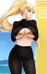 1girls big_breasts bikini bikini_under_clothes black_pantyhose black_shirt blonde_hair blue_eyes blush breasts cleavage clothes_lift curvaceous curvy curvy_body curvy_figure darkness_(konosuba) hair_ornament highres jampen kono_subarashii_sekai_ni_shukufuku_wo! large_breasts long_hair looking_at_viewer pantyhose parted_lips ponytail shirt shirt_lift solo swimsuit thick_thighs thighs voluptuous voluptuous_female x_hair_ornament yellow_bikini