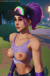 ai_generated beach_bomber breasts brite_bomber cartoonforge cartoony cute exposed_breasts fanart fanart_from_twitter fortnite fortnite:_battle_royale hat looking_forward naked naked_female nude nude_female outside panties public public_nudity ripped_clothes ripped_clothing ripped_shirt sweat sweating twitter video_game_character video_games videogames