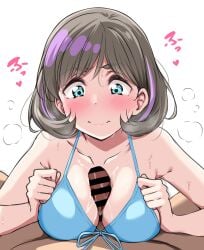 1boy bar_censor bikini blue_bikini blue_eyes blush bob_cut censored dark-skinned_male embarrassed erection female front-tie_bikini_top front-tie_top heart light_brown_hair love_live! love_live!_superstar!! medium_breasts multicolored_hair older_male older_man_and_teenage_girl paizuri paizuri_under_clothes penis pov pov_crotch purple_hair short_hair small_penis streaked_hair sweat swimsuit tang_keke teenage_girl very_sweaty yopparai_oni younger_female