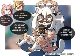 aether_(genshin_impact) catgirl charlotte_(genshin_impact) english_text female genshin_impact kinkymation paimon_(genshin_impact) text