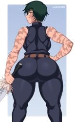 1girls ass athletic_female black_hair booty_shorts breasts bubble_butt dat_ass female glasses huge_ass jujutsu_kaisen large_breasts luckyshazo scar short_hair short_shorts shorts sports_bra sportswear sweat sweaty_body tomboy very_short_hair zenin_maki