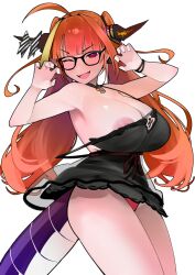 1girls big_breasts blunt_bangs blush cleavage dismassd dress female holoforce hololive hololive_japan horns hourglass_figure kiryu_coco nipple_slip one_eye_closed orange_hair panties red_eyes smiling smiling_at_viewer sole_female solo solo_female underwear virtual_youtuber vtuber white_background wink